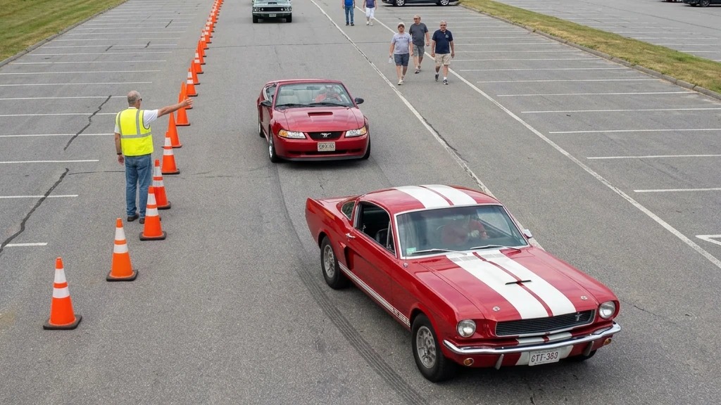 A marshal guides classic and later Ford Mustangs through a coned club-show arrival lane while pedestrians stay in a separate aisle